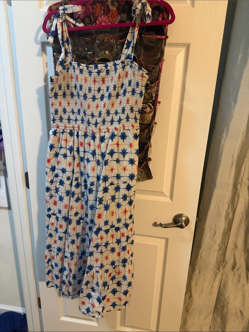 J. Crew Factory White Maxi Dress with Blue and Red Starburst Print